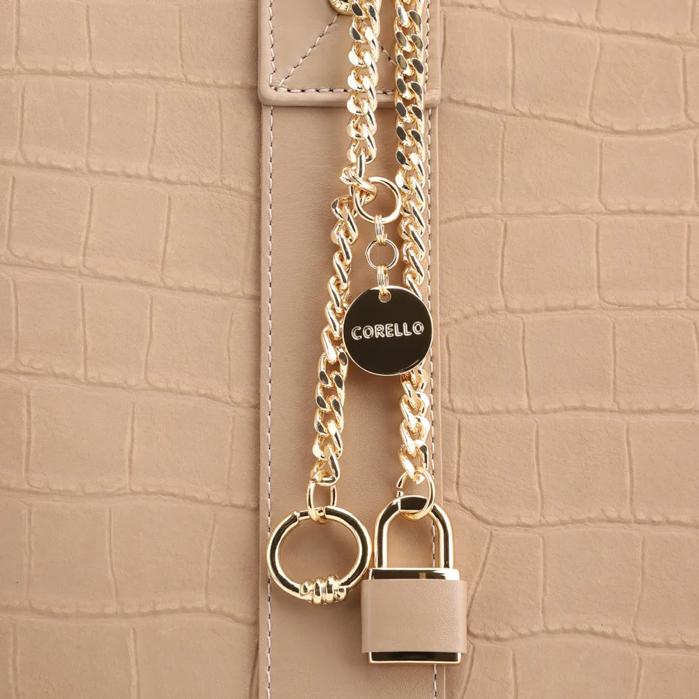 Bolsa Tote Bag Charm Couro Nobuck Croco/Couro Bege - imagem 7