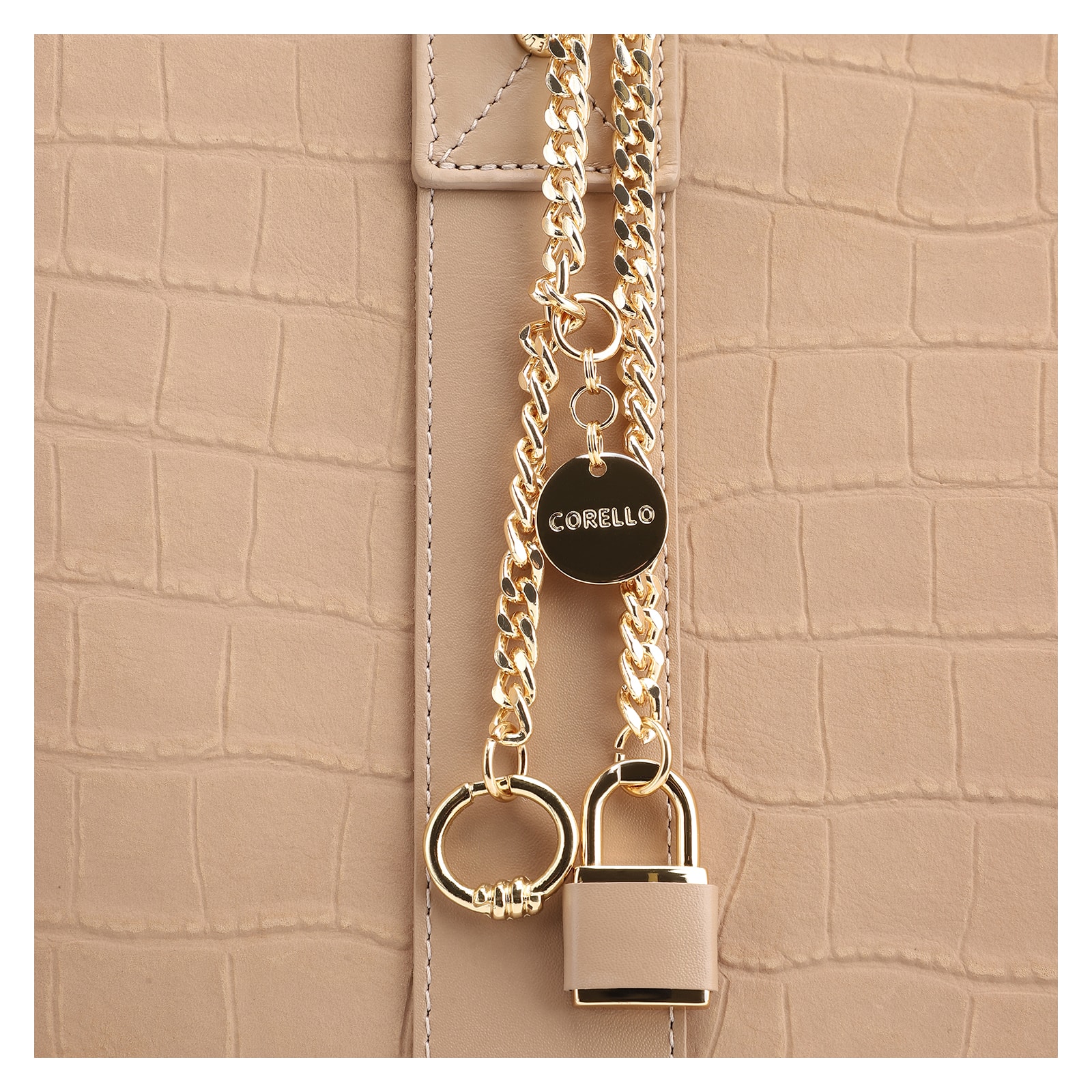 Bolsa Tote Bag Charm Couro Nobuck Croco/Couro Bege
