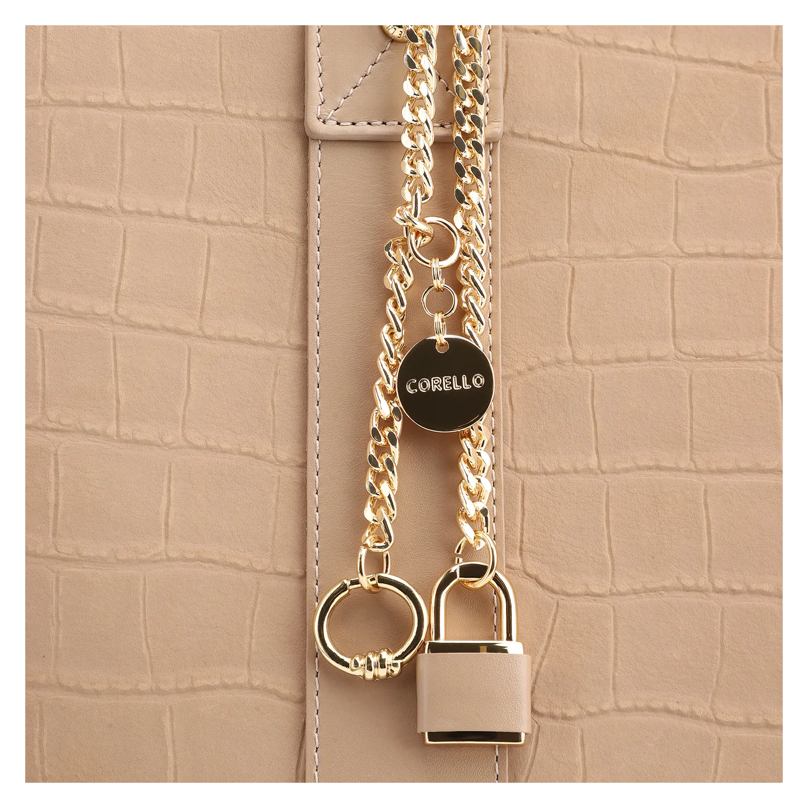 Bolsa Tote Bag Charm Couro Nobuck Croco/Couro Bege