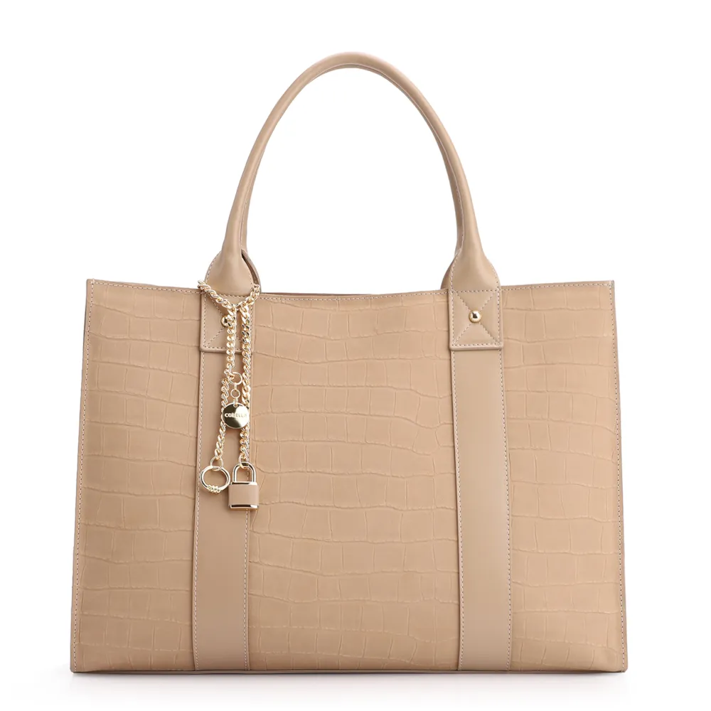 Bolsa Tote Bag Charm Couro Nobuck Croco/Couro Bege