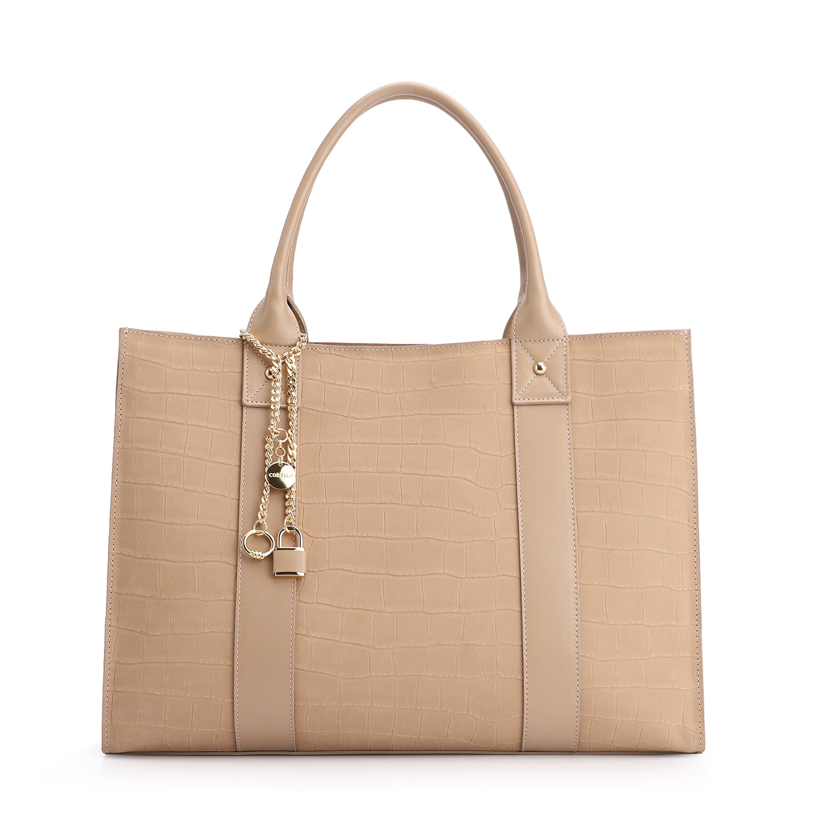 Bolsa Tote Bag Charm Couro Nobuck Croco/Couro Bege