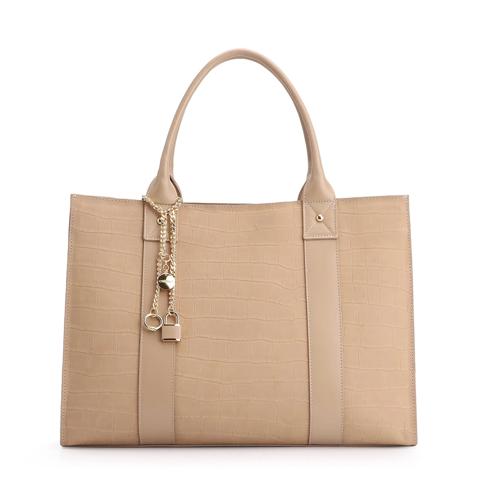 Bolsa Tote Bag Charm Couro Nobuck Croco/Couro Bege