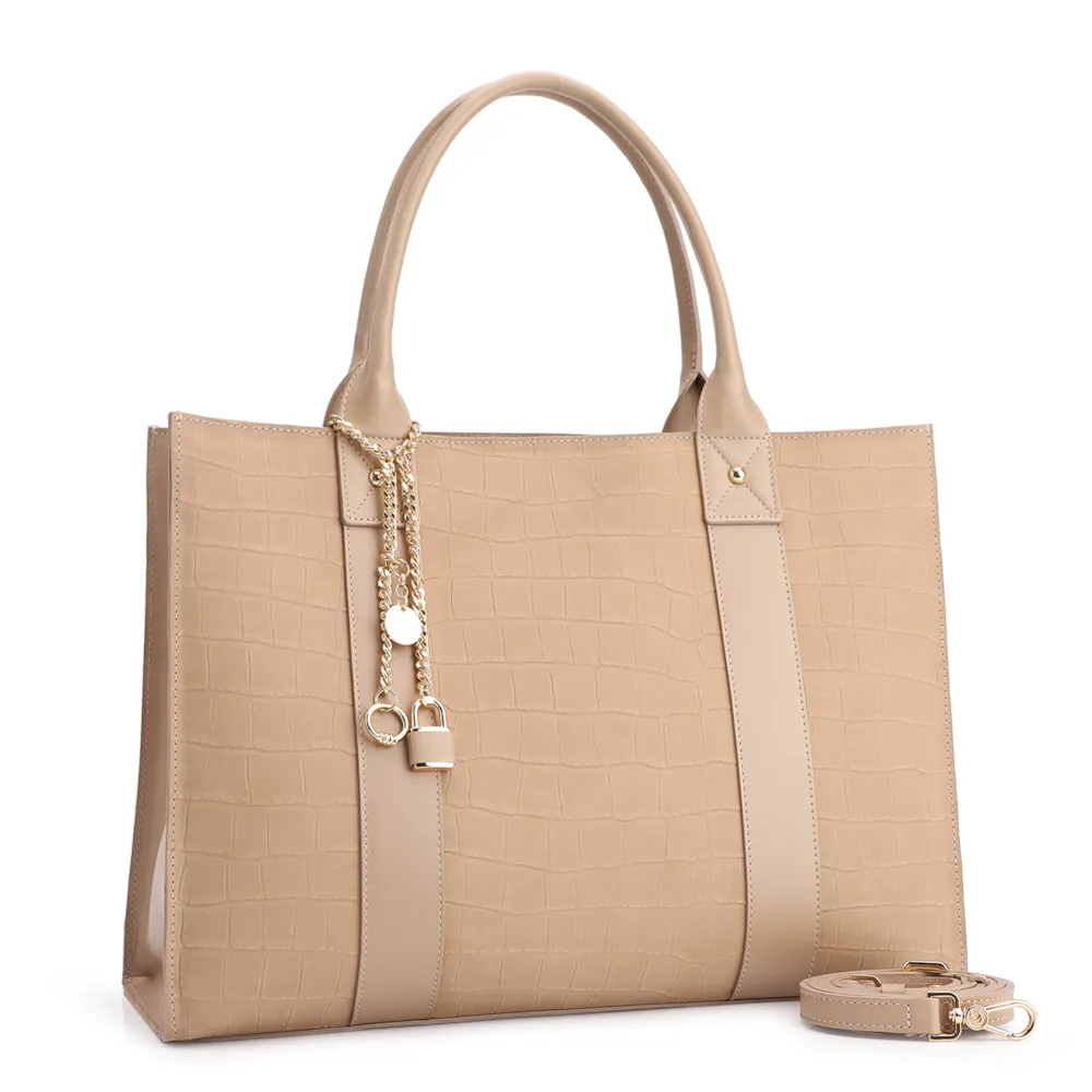 Bolsa Tote Bag Charm Couro Nobuck Croco/Couro Bege - imagem 2