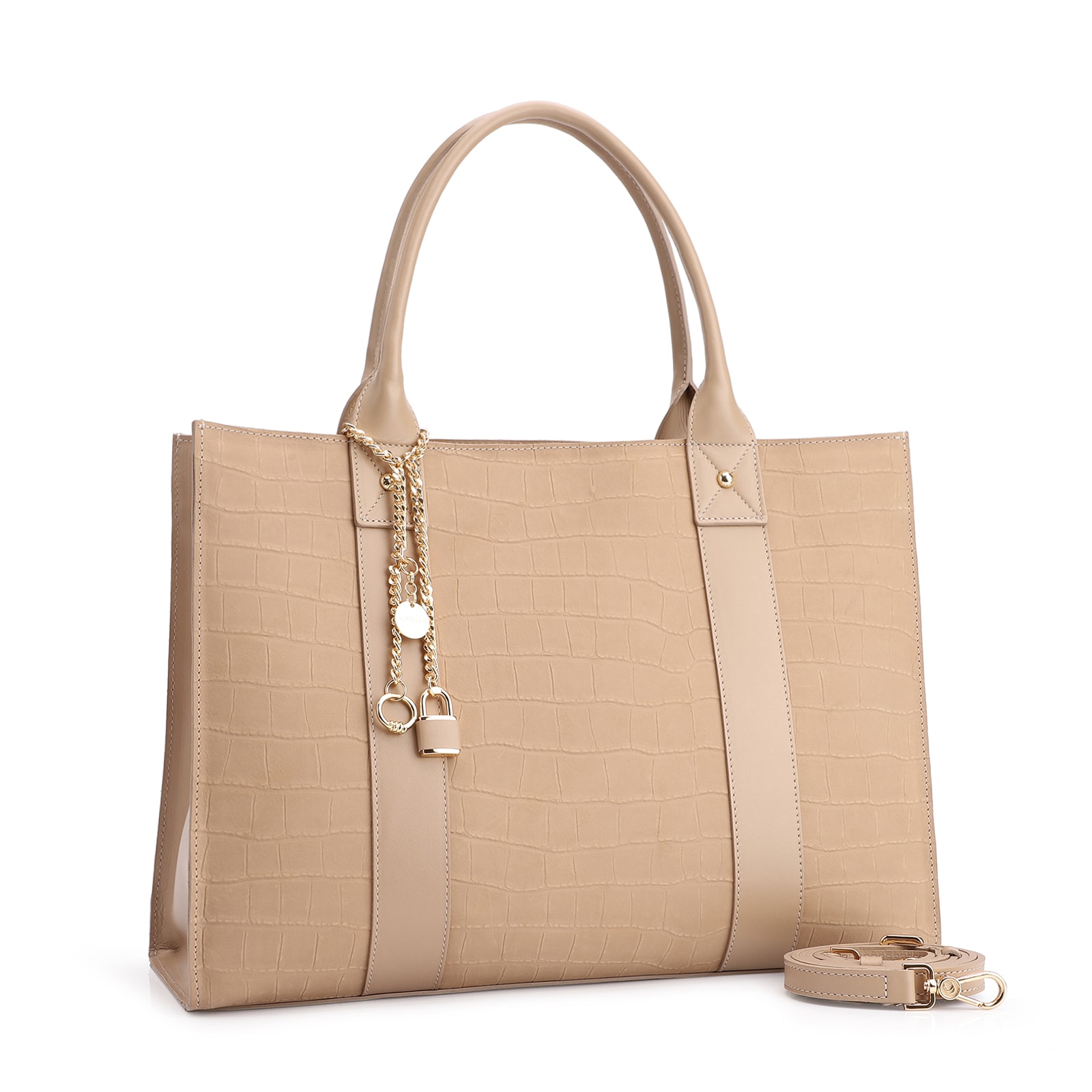 Bolsa Tote Bag Charm Couro Nobuck Croco/Couro Bege