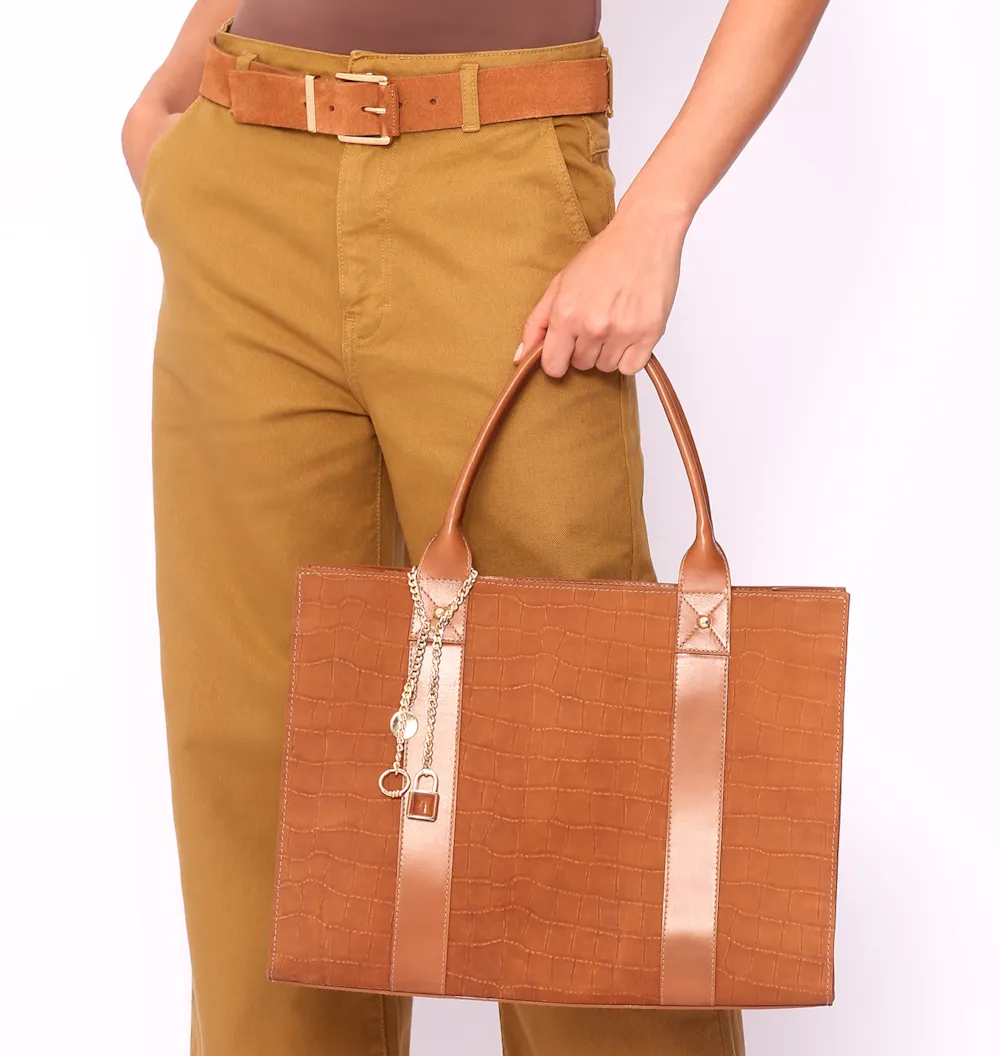 Bolsa Tote Bag Charm Couro Nobuck Croco/Couro Marrom - imagem 2
