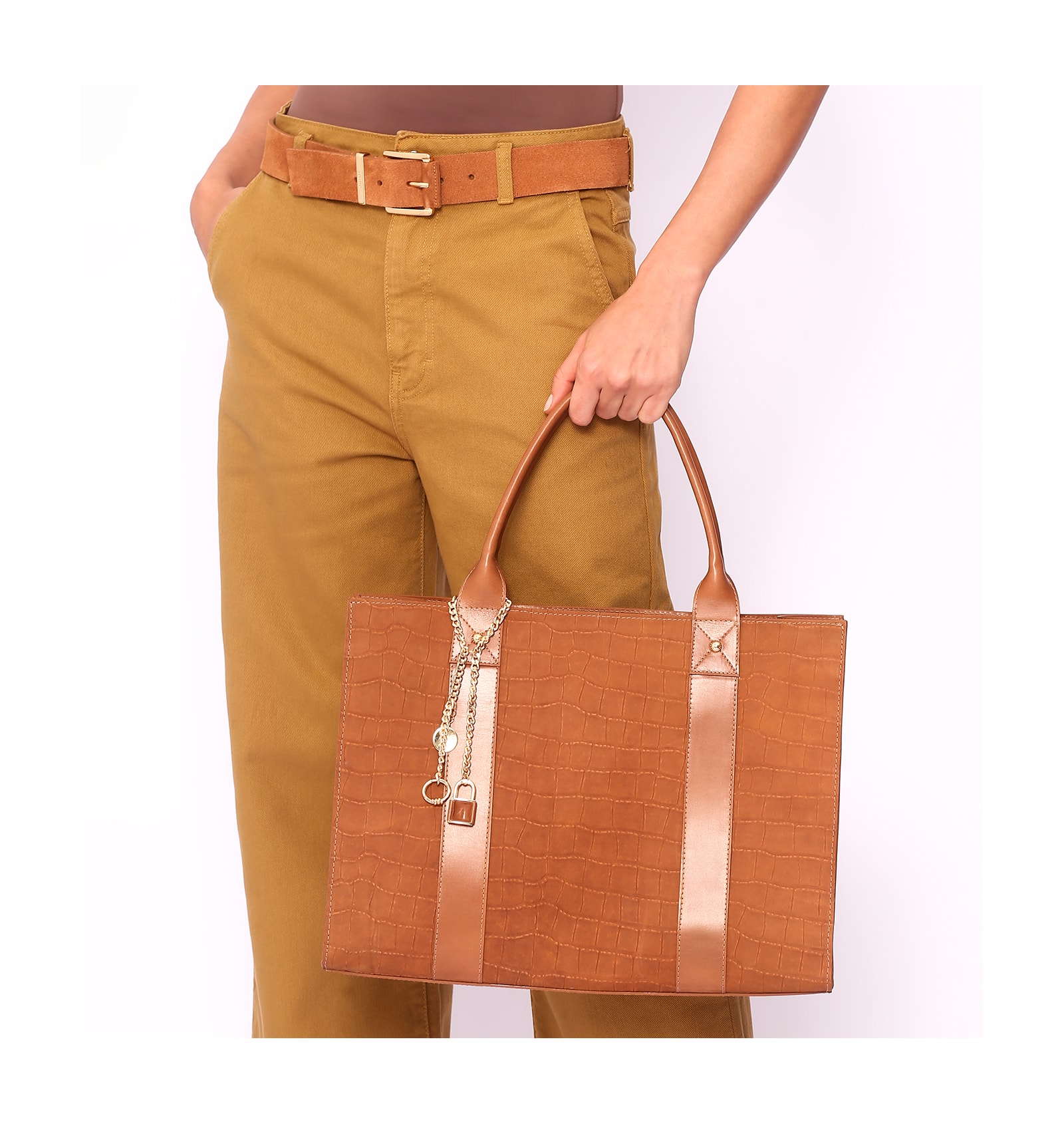 Bolsa Tote Bag Charm Couro Nobuck Croco/Couro Marrom
