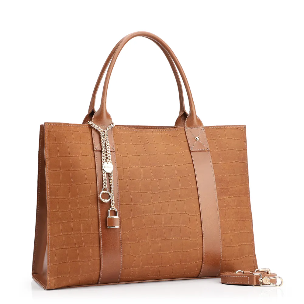 Bolsa Tote Bag Charm Couro Nobuck Croco/Couro Marrom - imagem 3