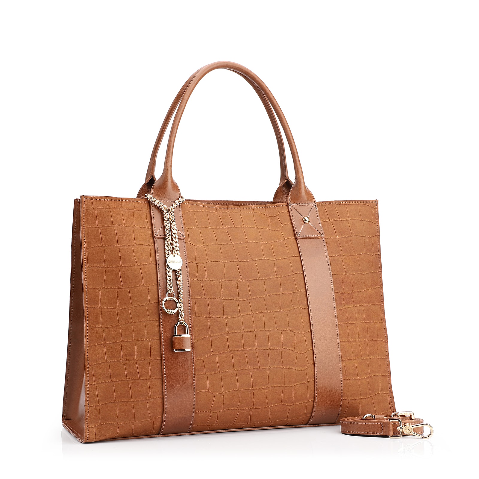 Bolsa Tote Bag Charm Couro Nobuck Croco/Couro Marrom