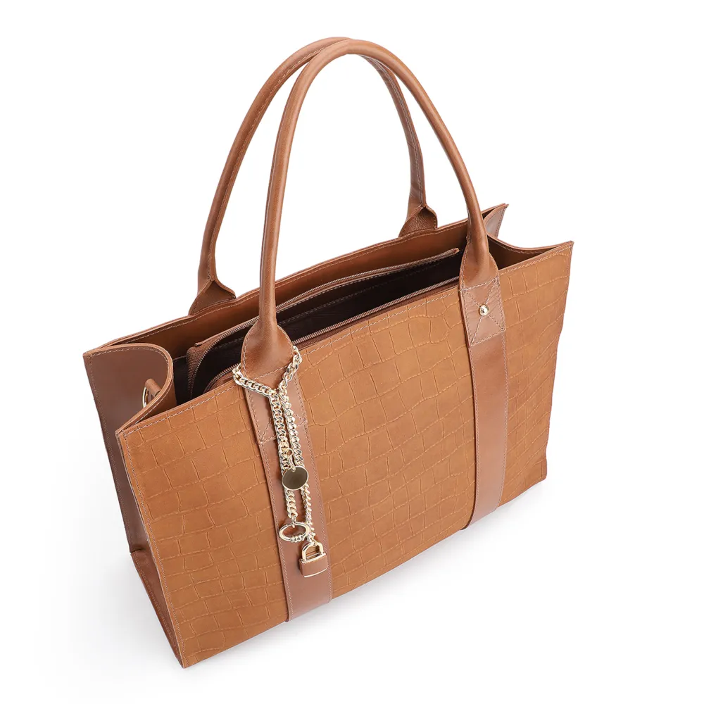 Bolsa Tote Bag Charm Couro Nobuck Croco/Couro Marrom - imagem 5