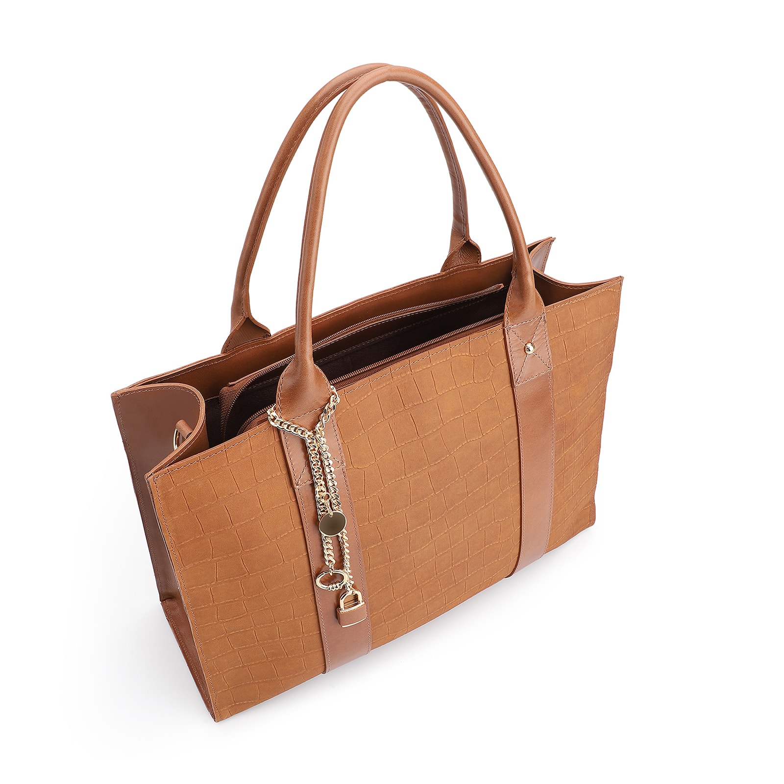 Bolsa Tote Bag Charm Couro Nobuck Croco/Couro Marrom
