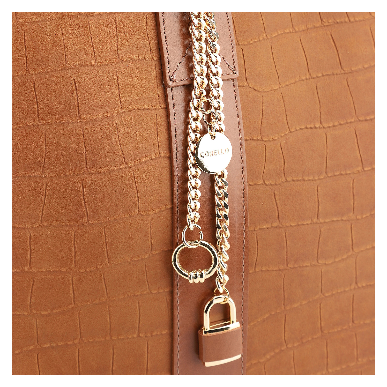 Bolsa Tote Bag Charm Couro Nobuck Croco/Couro Marrom