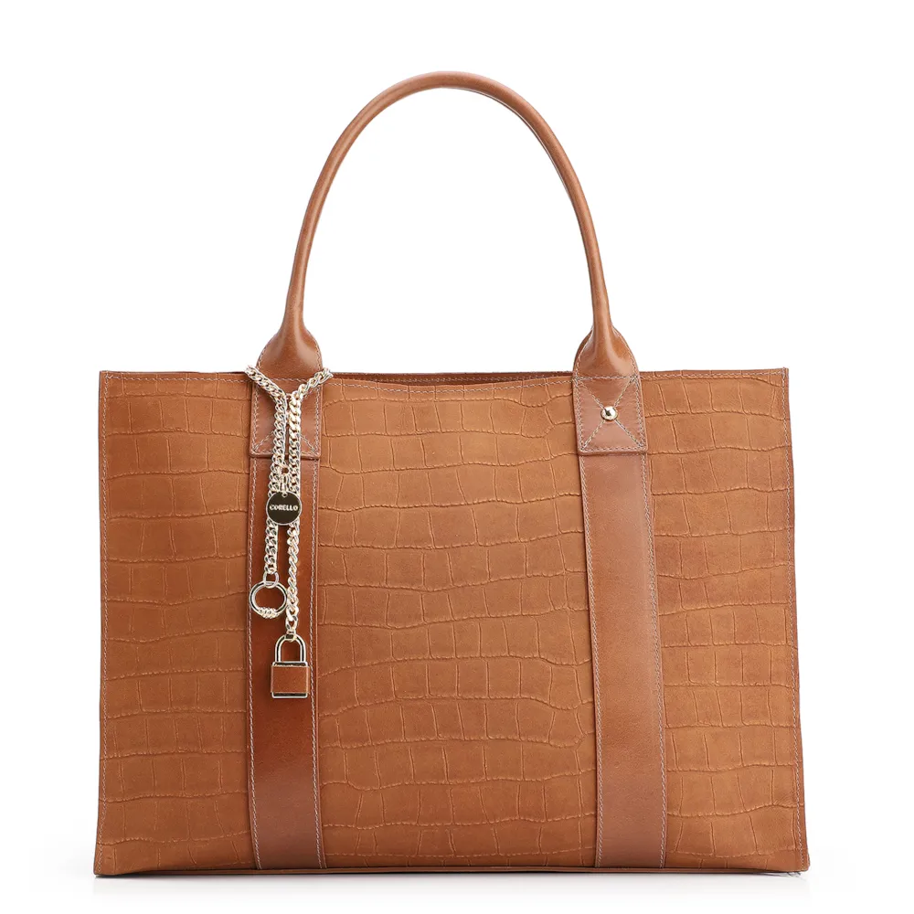 Bolsa Tote Bag Charm Couro Nobuck Croco/Couro Marrom