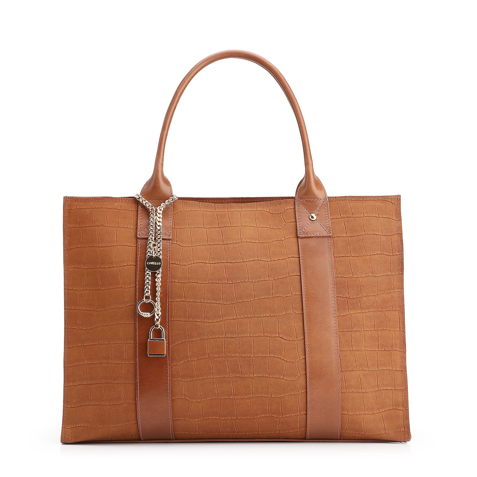 Bolsa Tote Bag Charm Couro Nobuck Croco/Couro Marrom