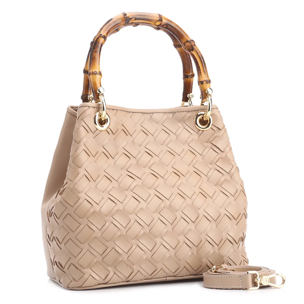 Bolsa Tote Bambu Tressê Couro Bege - imagem 3