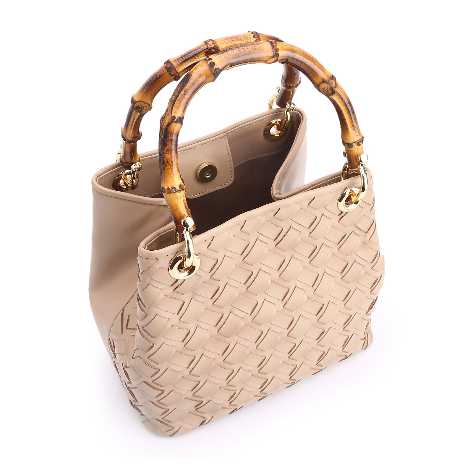 Bolsa Tote Bambu Tressê Couro Bege