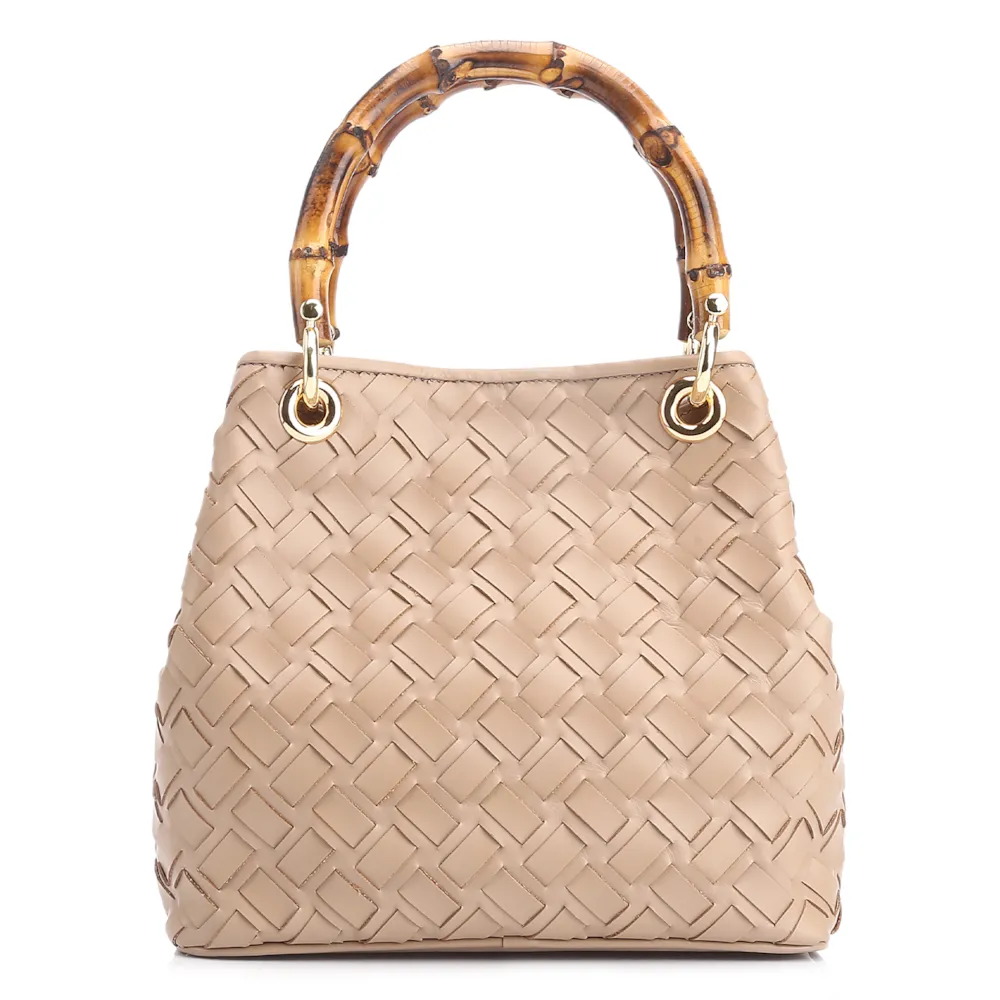 Bolsa Tote Bambu Tressê Couro Bege