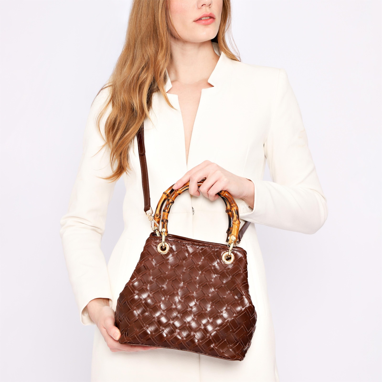Bolsa Tote Bambu Tressê Couro Marrom