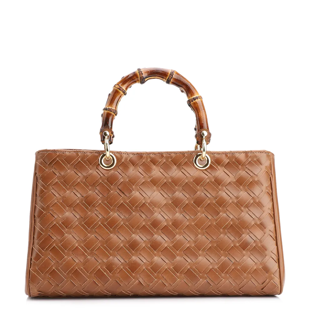 Bolsa Tote Bambu Tressê Couro Marrom Claro