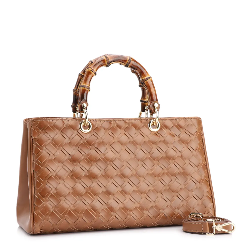 Bolsa Tote Bambu Tressê Couro Marrom Claro - imagem 3