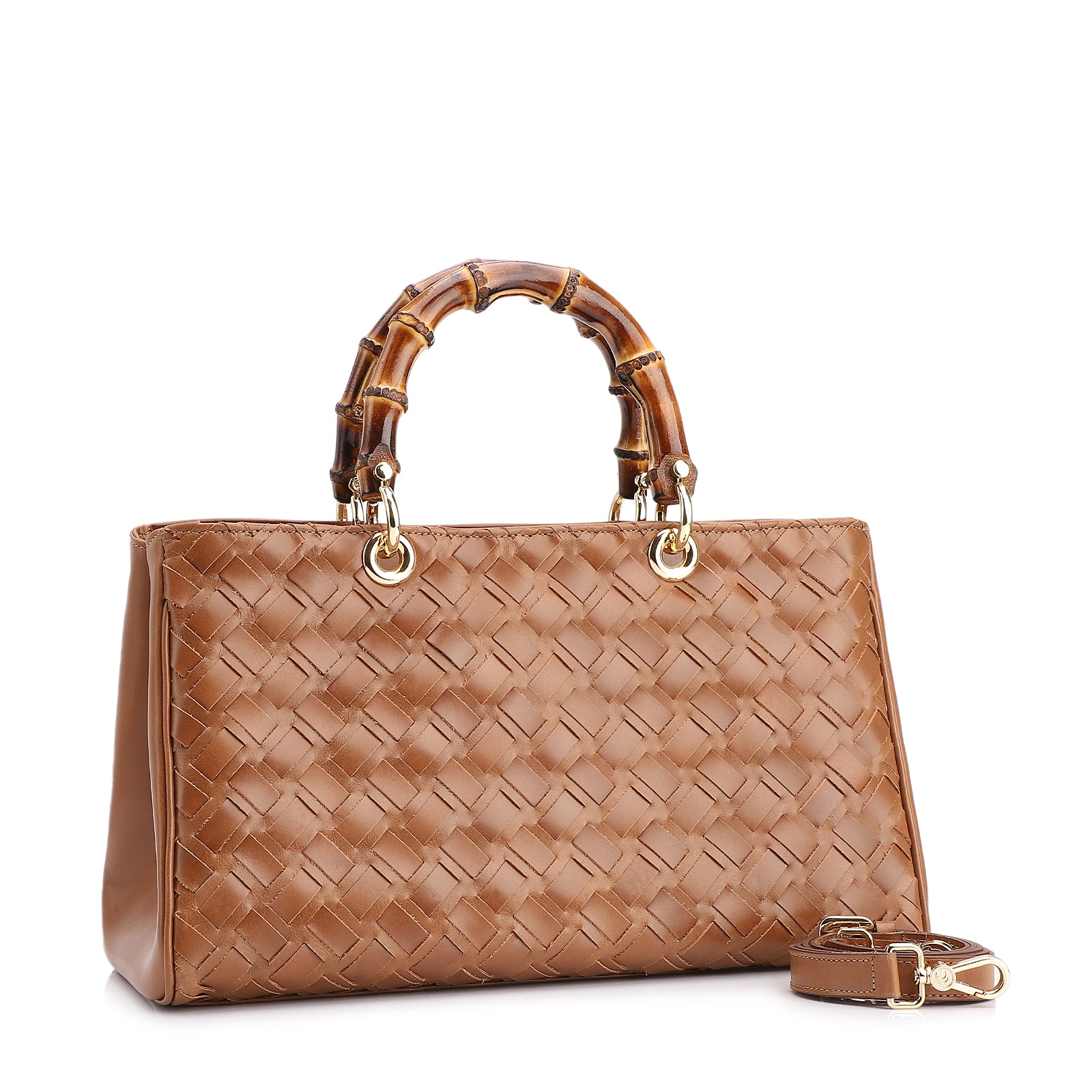 Bolsa Tote Bambu Tressê Couro Marrom Claro