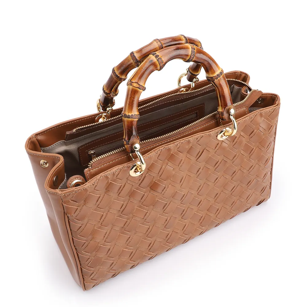 Bolsa Tote Bambu Tressê Couro Marrom Claro - imagem 5