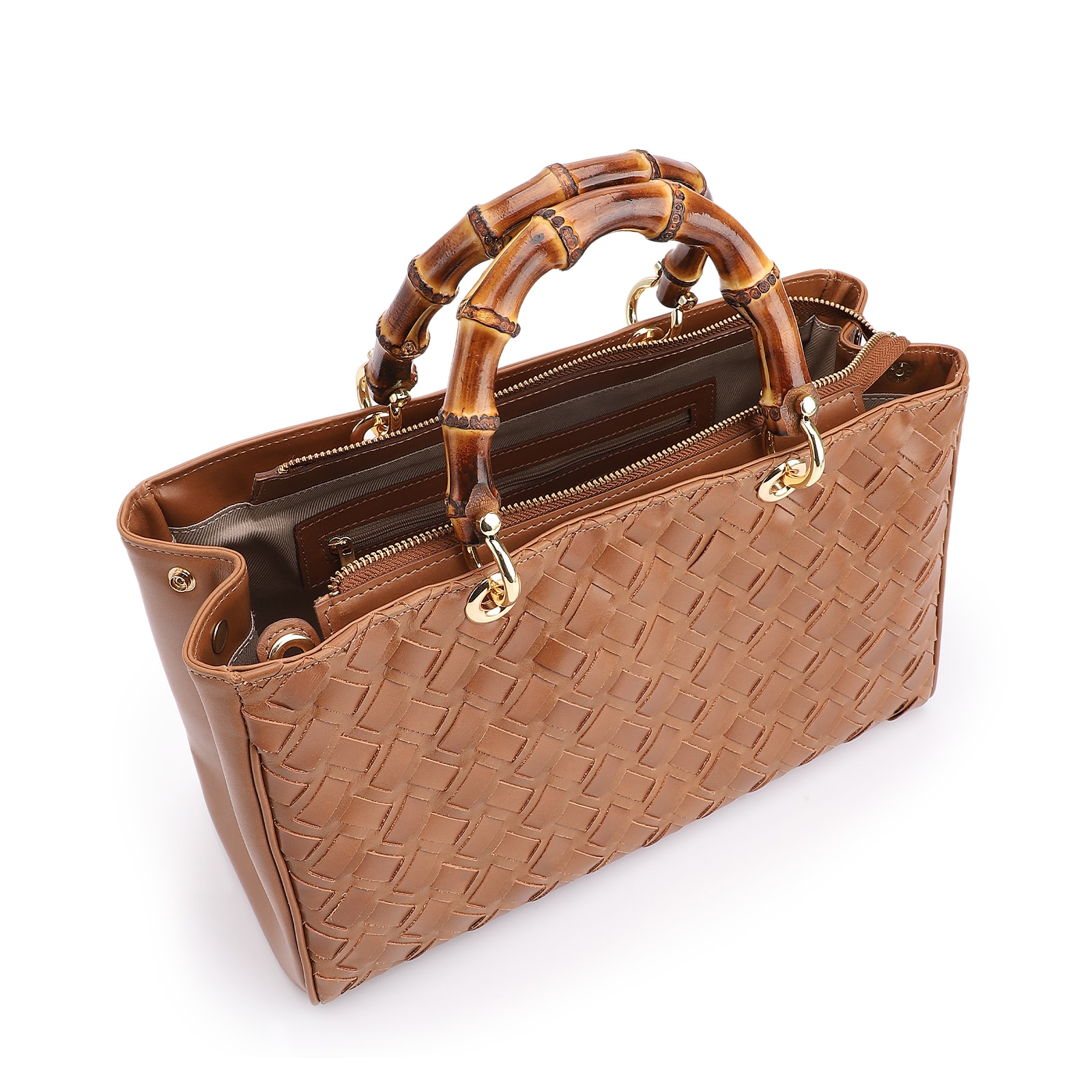 Bolsa Tote Bambu Tressê Couro Marrom Claro