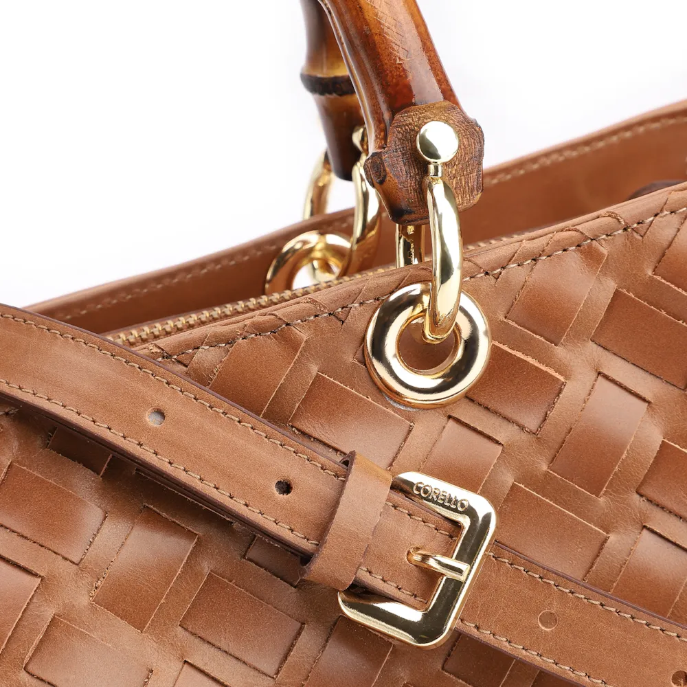 Bolsa Tote Bambu Tressê Couro Marrom Claro - imagem 8