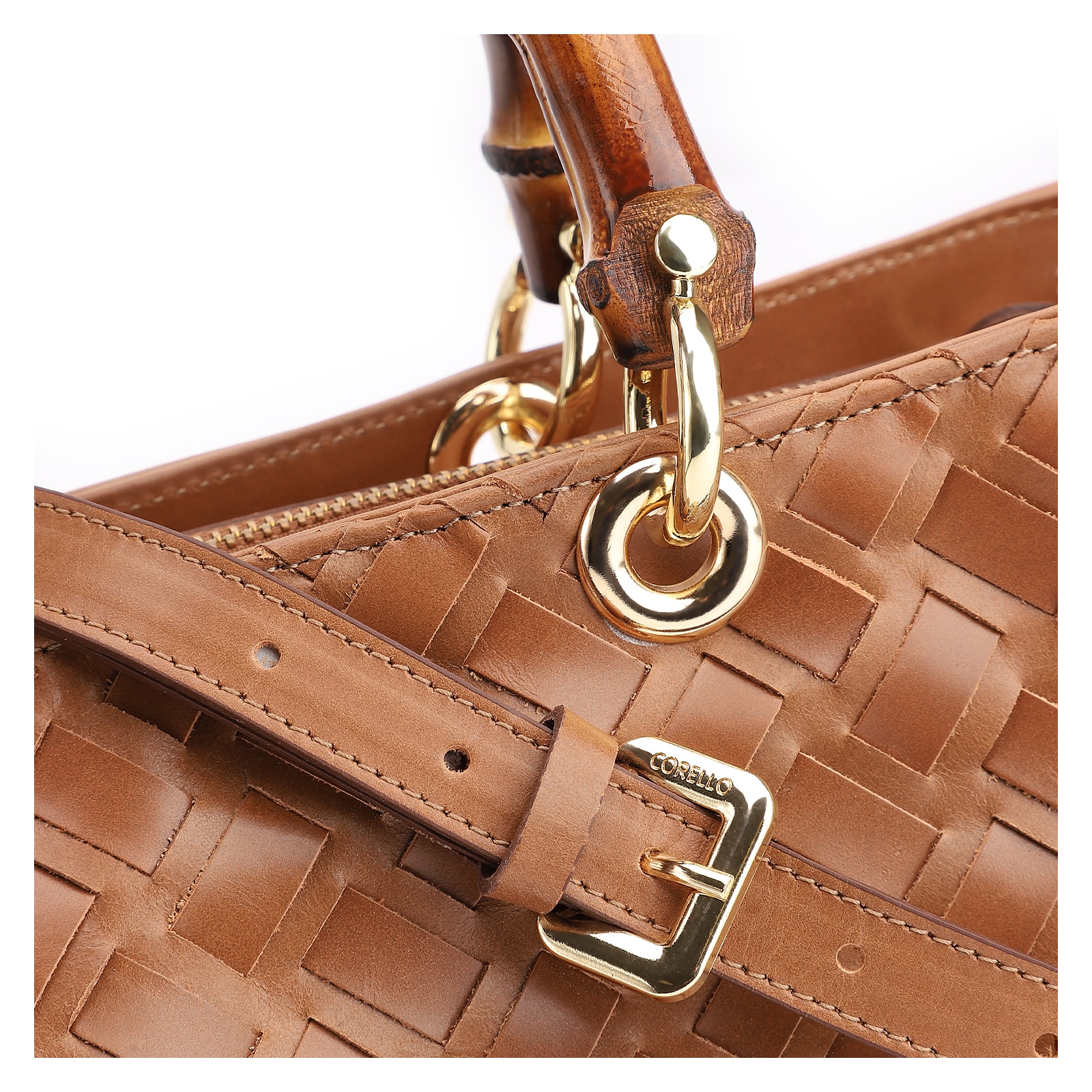 Bolsa Tote Bambu Tressê Couro Marrom Claro