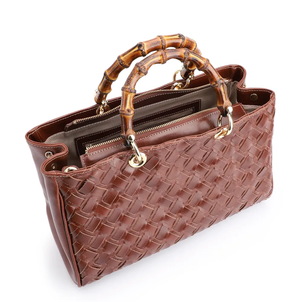Bolsa Tote Bambu Tressê Couro Marrom Escuro - imagem 4
