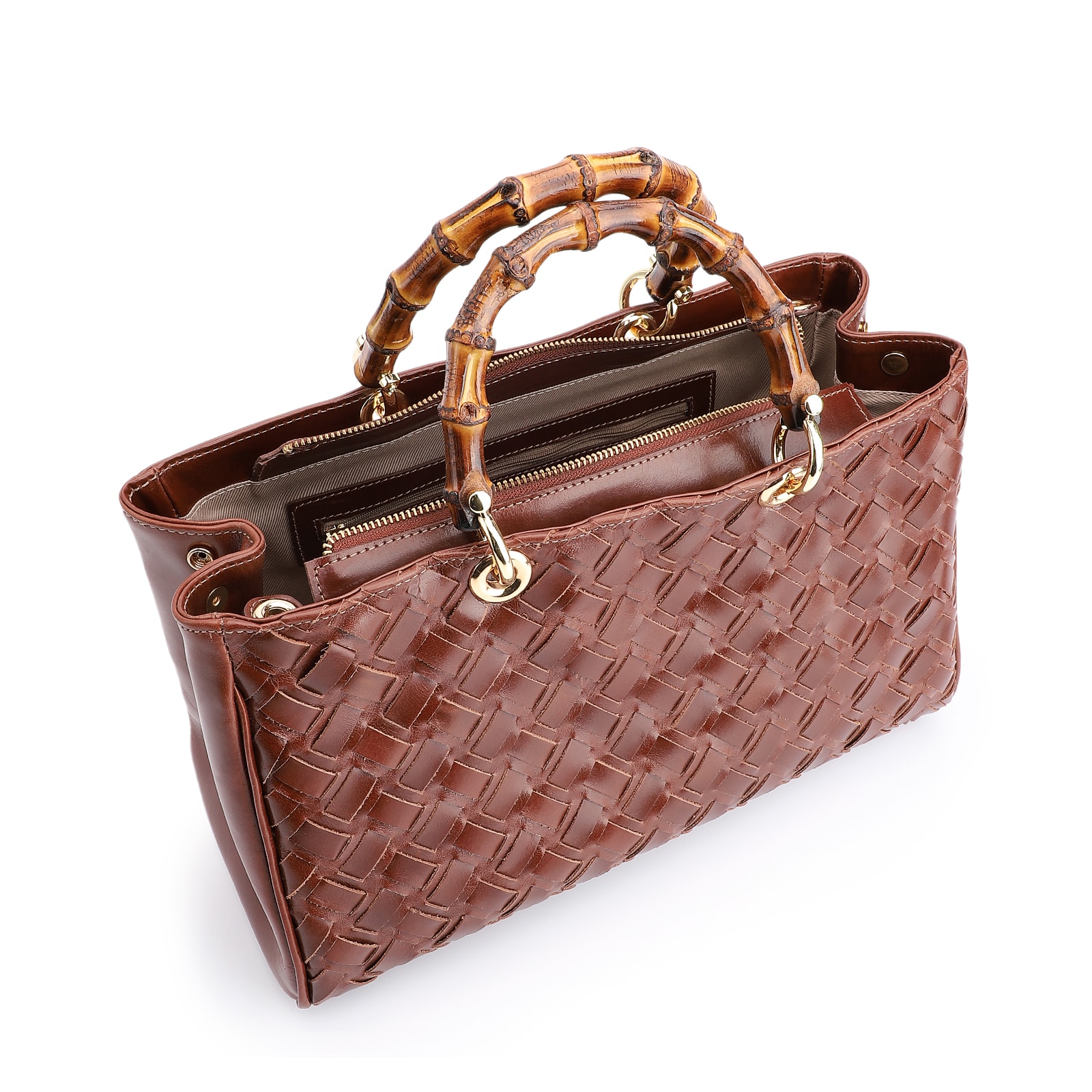 Bolsa Tote Bambu Tressê Couro Marrom Escuro