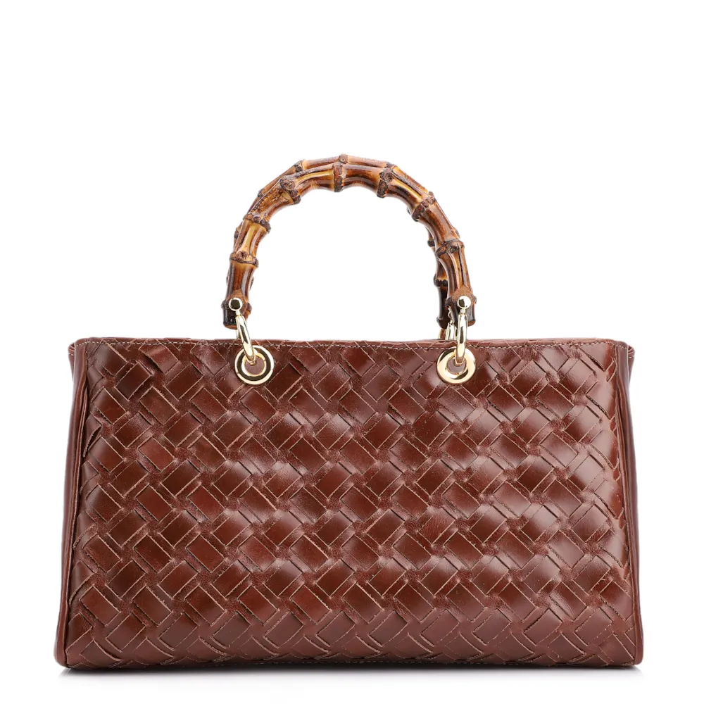 Bolsa Tote Bambu Tressê Couro Marrom Escuro
