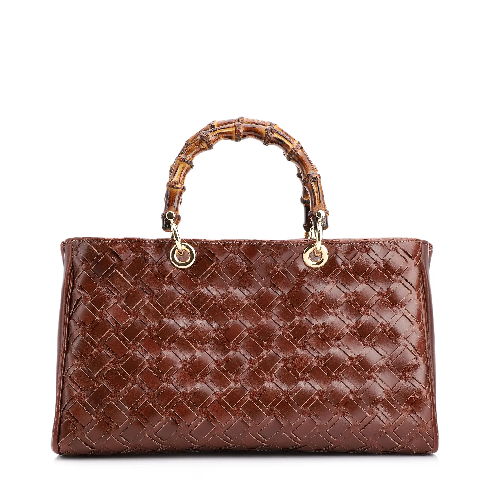 Bolsa Tote Bambu Tressê Couro Marrom Escuro