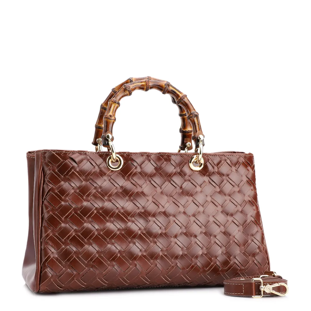 Bolsa Tote Bambu Tressê Couro Marrom Escuro - imagem 2