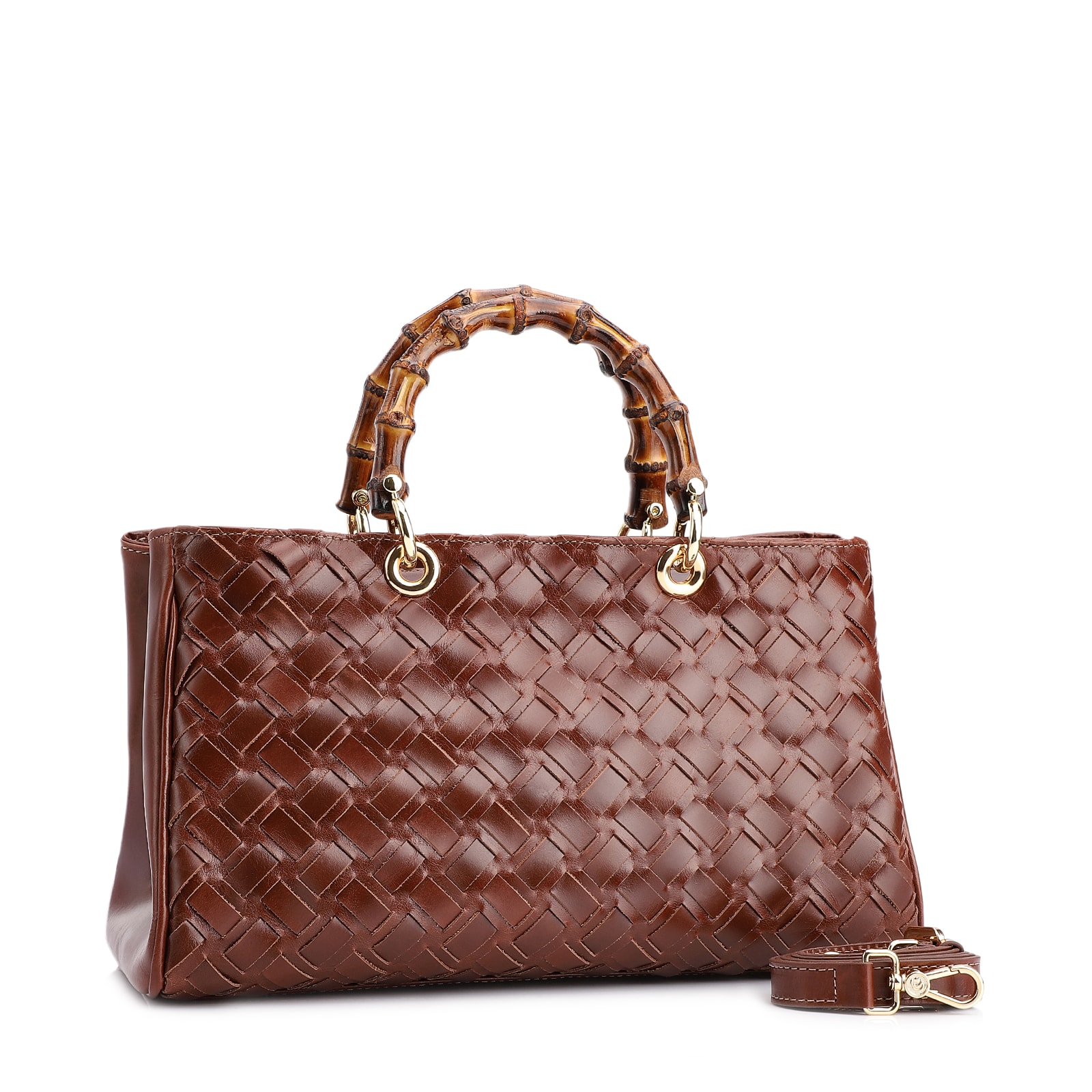Bolsa Tote Bambu Tressê Couro Marrom Escuro