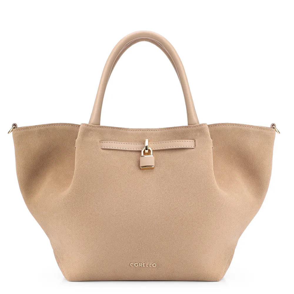 Bolsa Tote Cadeado Couro Camurça/Couro Bege