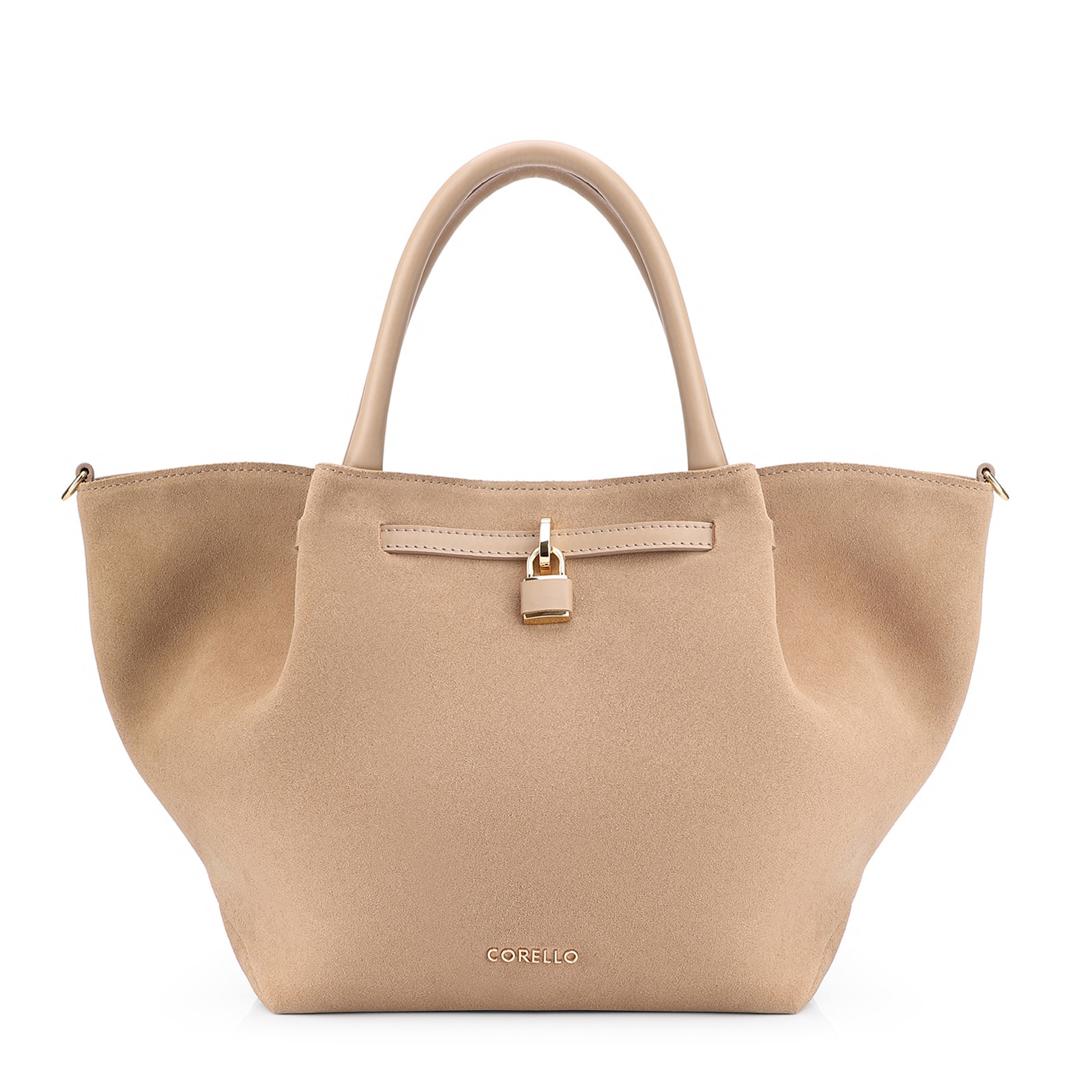 Bolsa Tote Cadeado Couro Camurça/Couro Bege