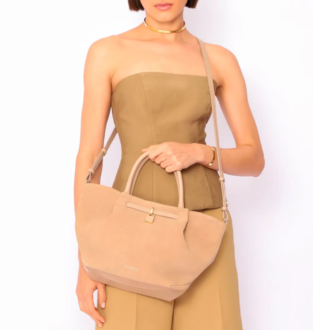 Bolsa Tote Cadeado Couro Camurça/Couro Bege - imagem 8