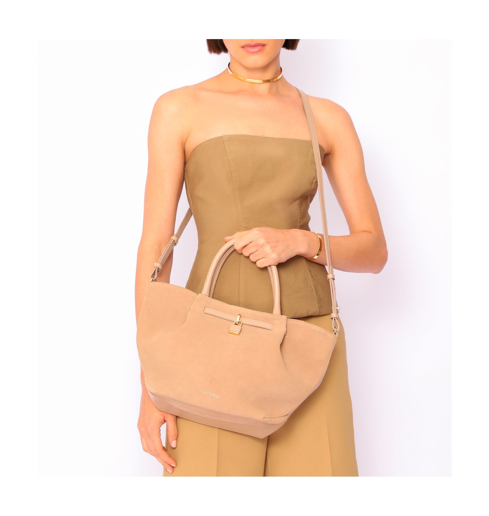 Bolsa Tote Cadeado Couro Camurça/Couro Bege