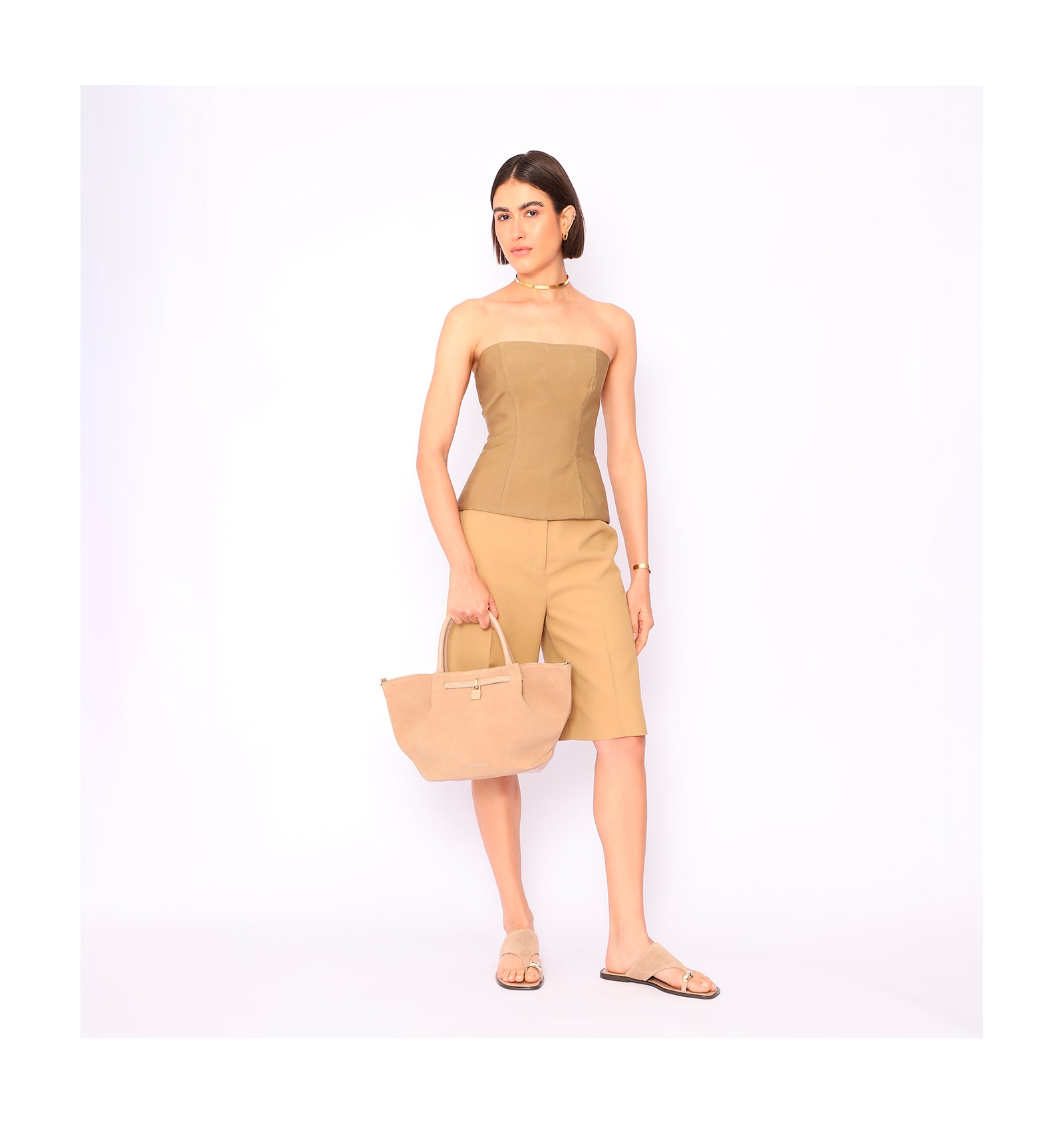 Bolsa Tote Cadeado Couro Camurça/Couro Bege