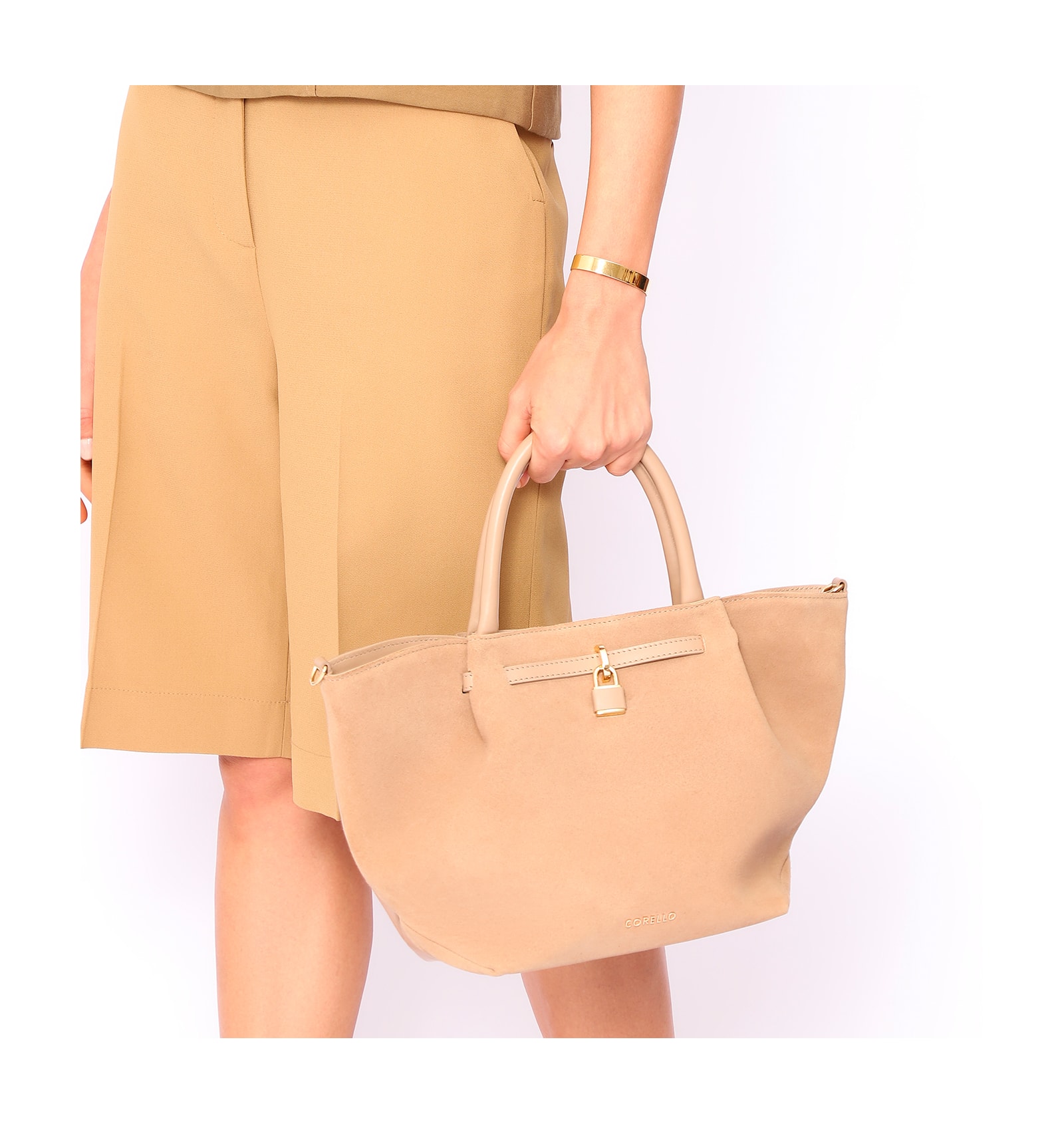 Bolsa Tote Cadeado Couro Camurça/Couro Bege