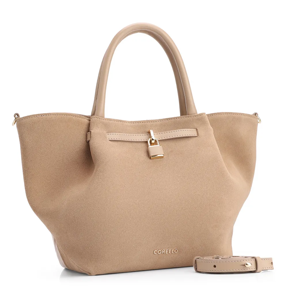 Bolsa Tote Cadeado Couro Camurça/Couro Bege - imagem 3