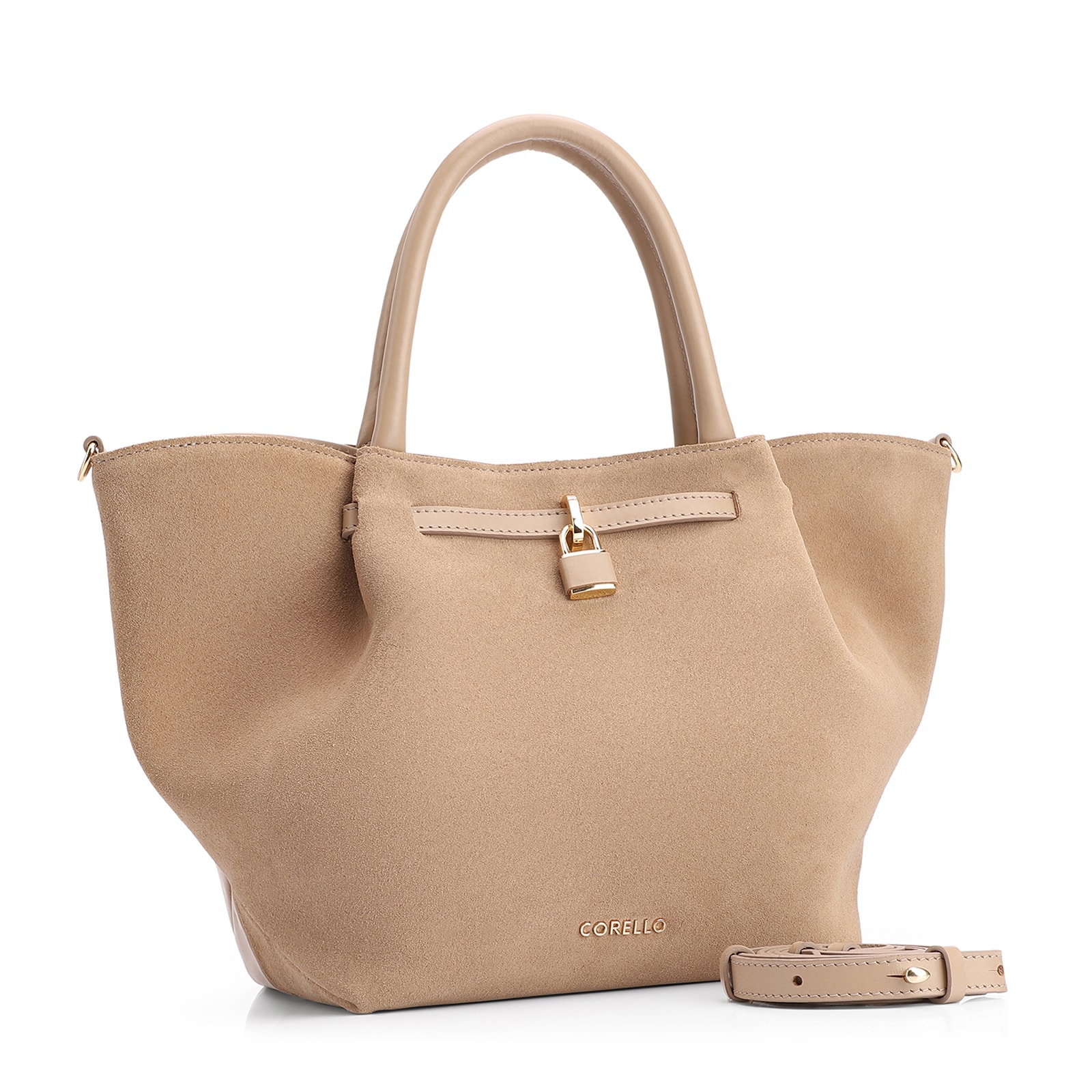 Bolsa Tote Cadeado Couro Camurça/Couro Bege