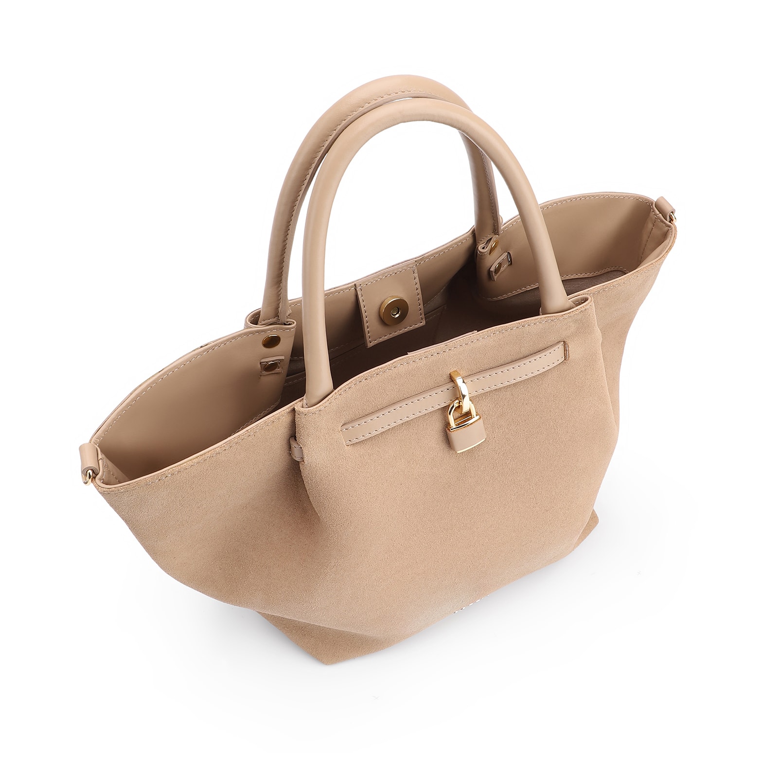 Bolsa Tote Cadeado Couro Camurça/Couro Bege