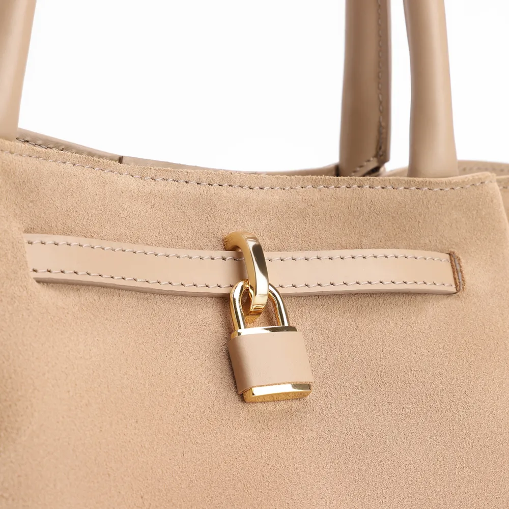 Bolsa Tote Cadeado Couro Camurça/Couro Bege - imagem 6