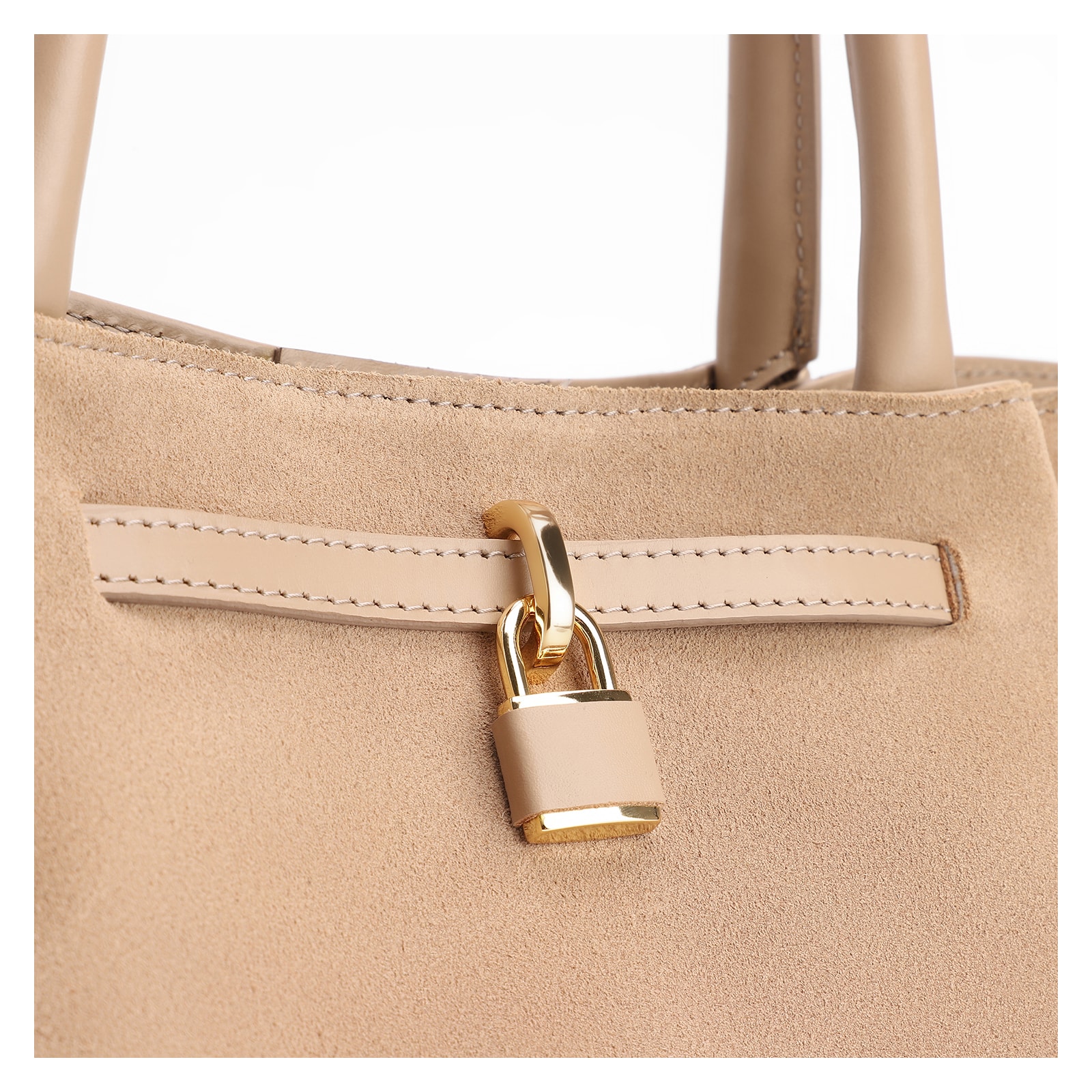 Bolsa Tote Cadeado Couro Camurça/Couro Bege