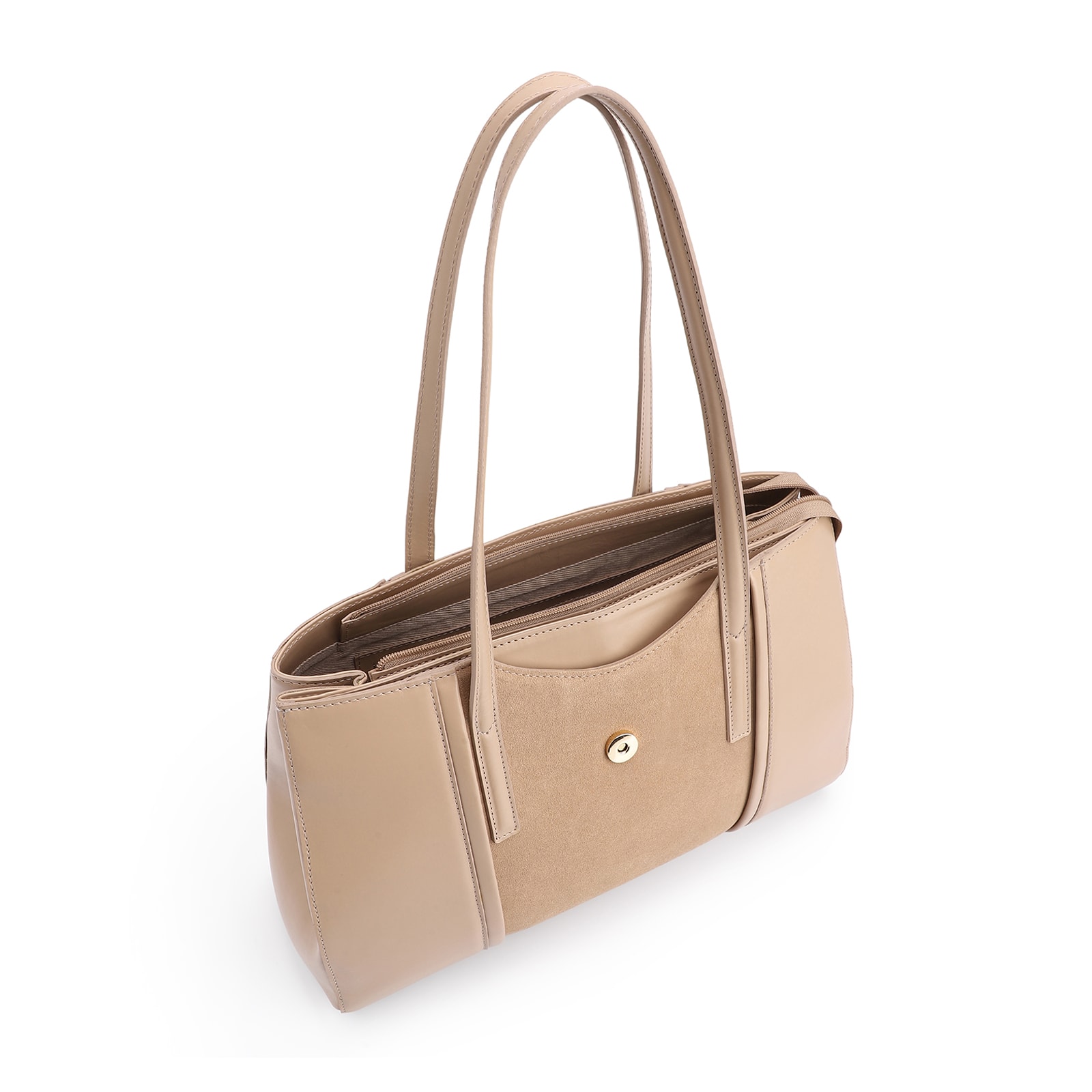 Bolsa Tote Cadeado Couro Camurça/Couro Bege