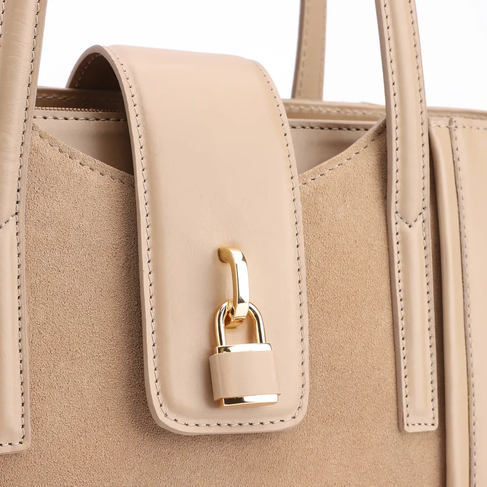 Bolsa Tote Cadeado Couro Camurça/Couro Bege - imagem 7