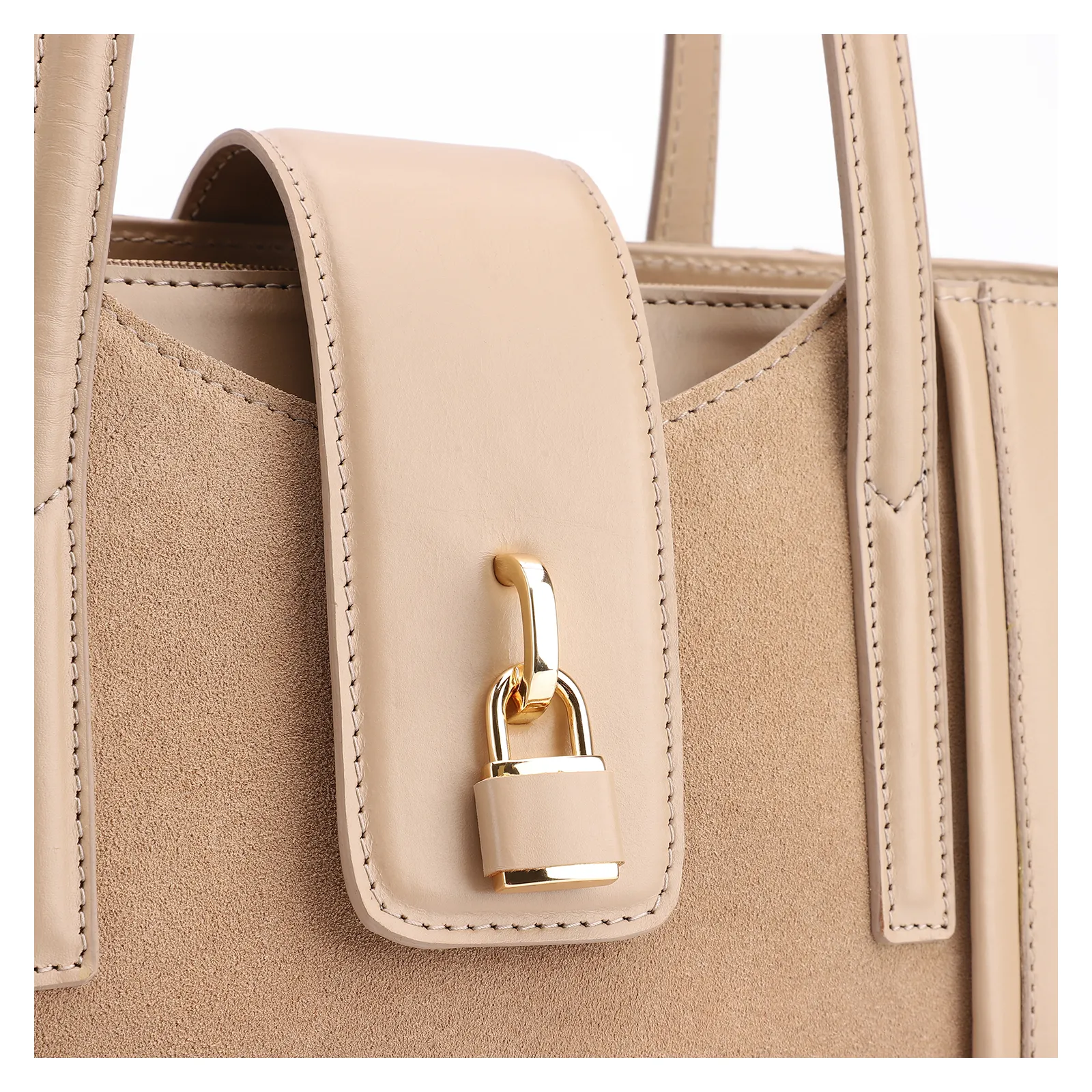 Bolsa Tote Cadeado Couro Camurça/Couro Bege