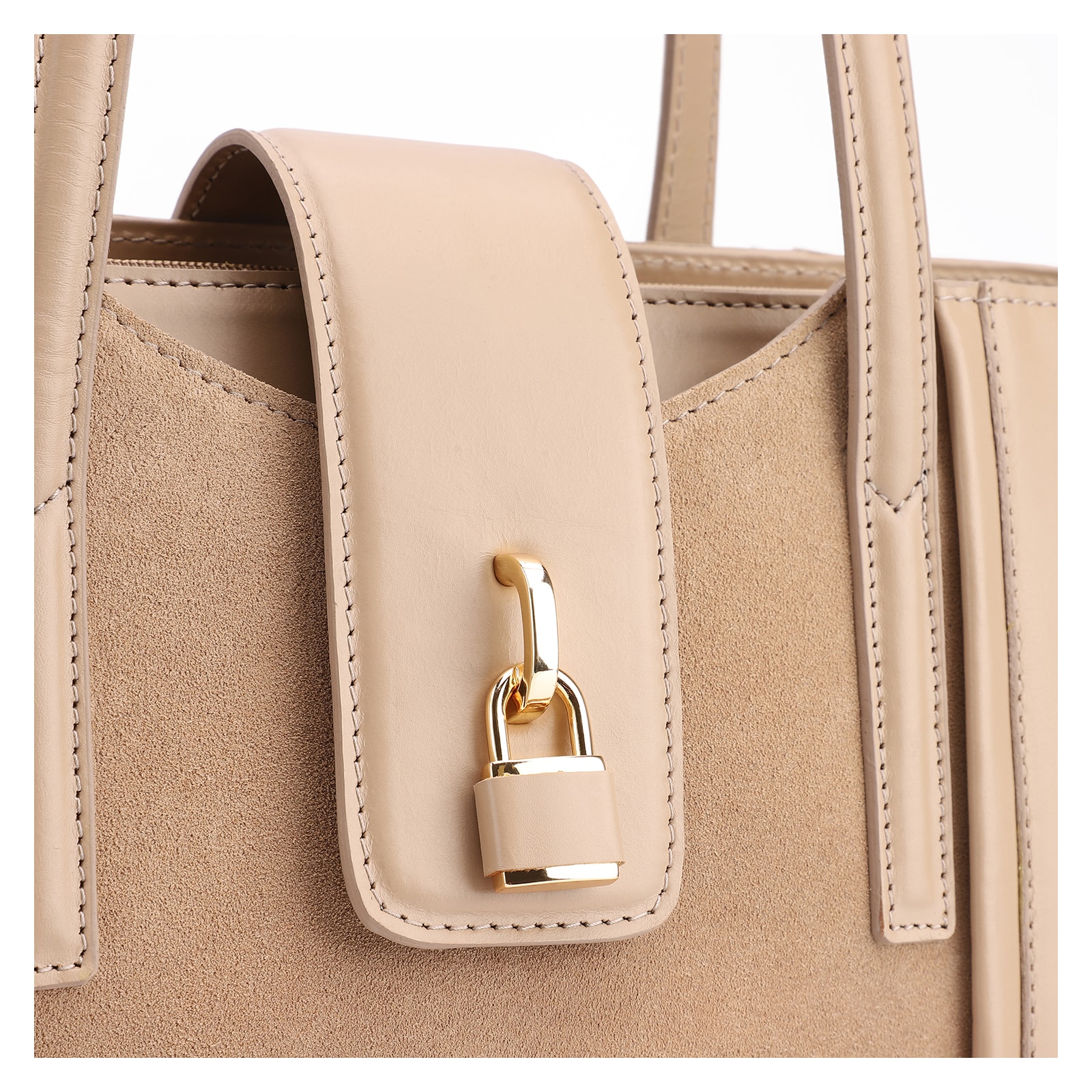 Bolsa Tote Cadeado Couro Camurça/Couro Bege