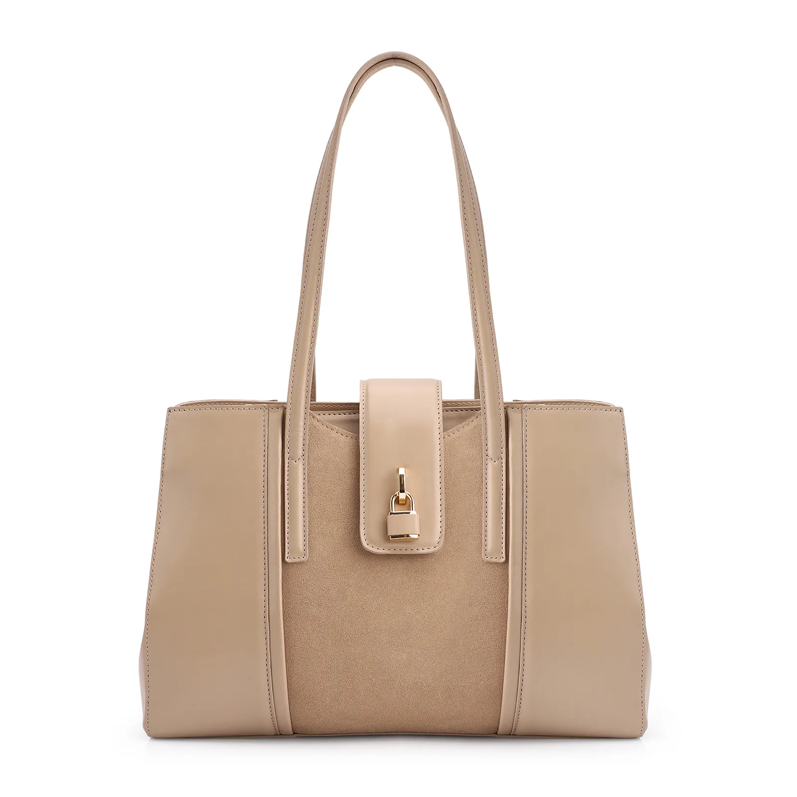 Bolsa Tote Cadeado Couro Camurça/Couro Bege